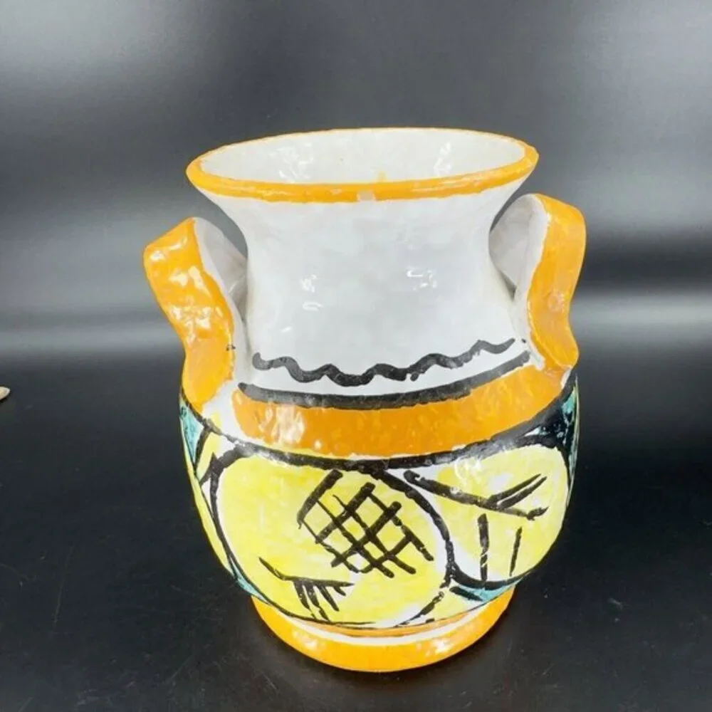 Italian Pottery Vase With Handles Hand Painted Yellow‎ Leafs Lemons Marked Italy